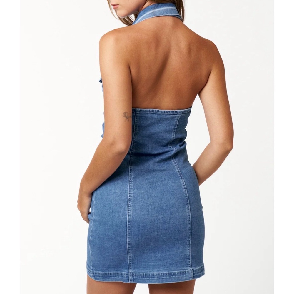 PRICELESS Blue Denim Button-Front Halter Mini Dress XS SMALL